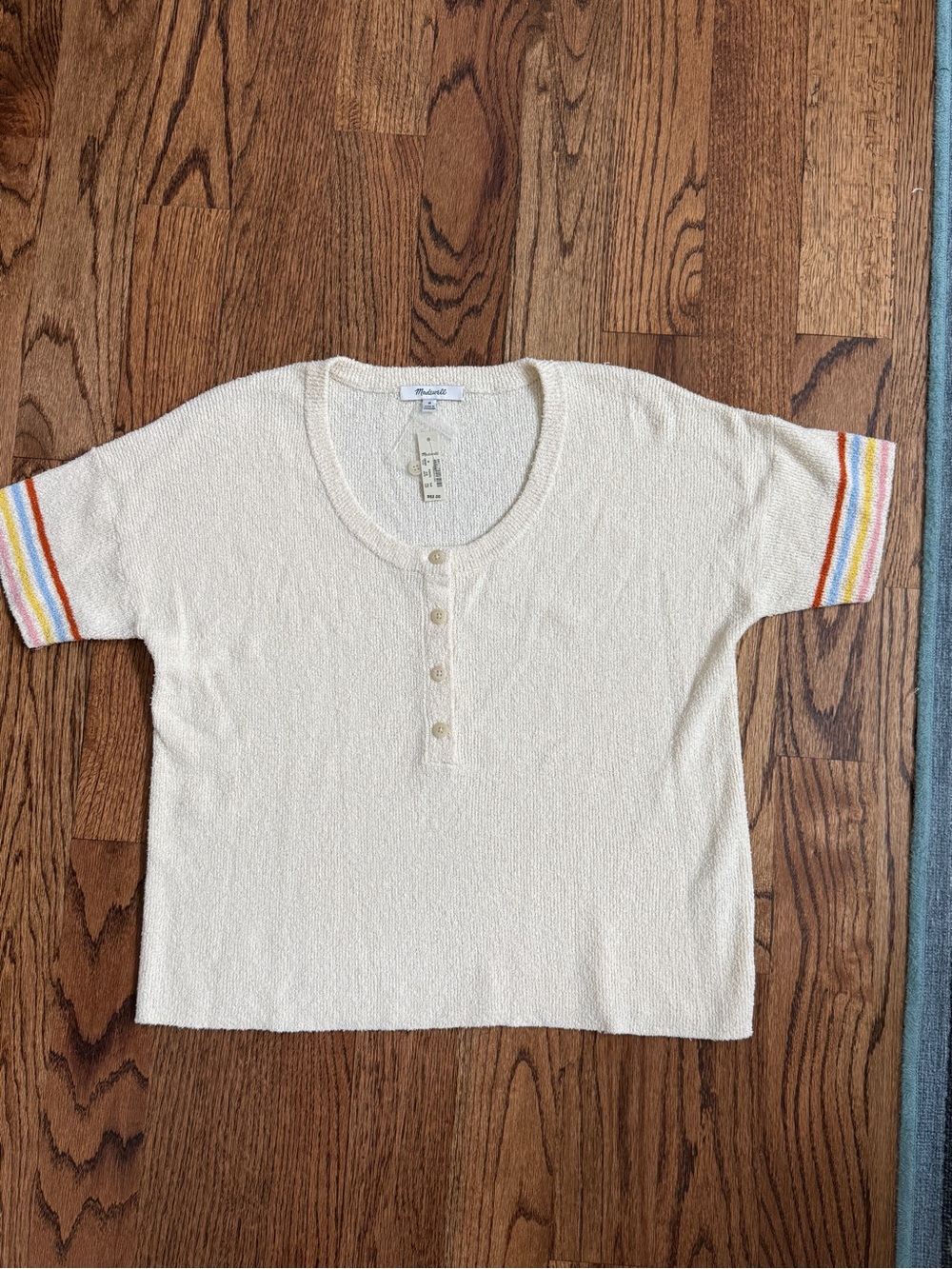 Madewell Cream Button-Front Sweater with Rainbow Stripe Cuff - Picture 2 of 6